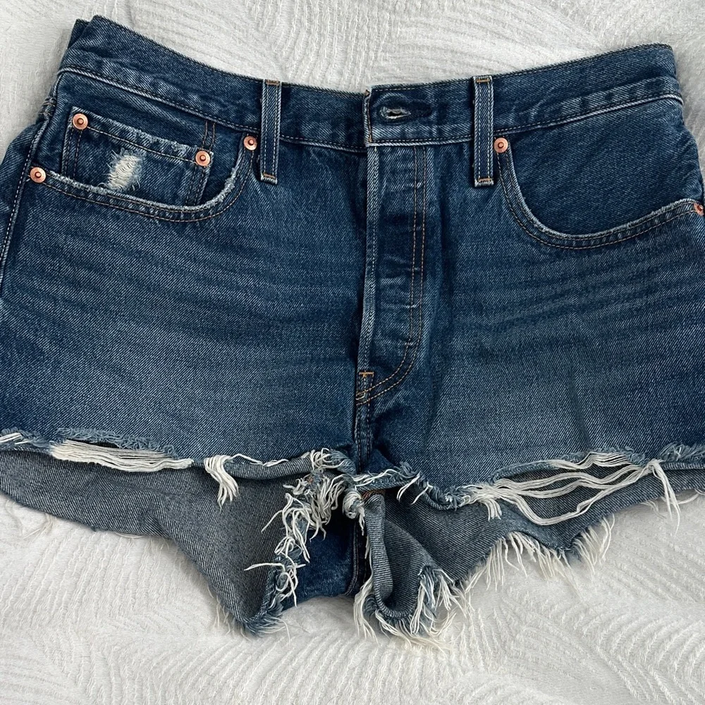 Levi's Dark Blue Frayed Hem Denim Shorts - Picture 2 of 5